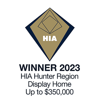 A badge with a gold and navy diamond shape, the text HIA in the center, and below it reads: WINNER 2023 HIA Hunter Region Display Home Up to $350,000.