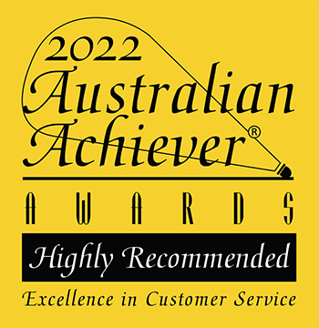 2022 Australian Achiever Awards logo with text: “Highly Recommended. Excellence in Customer Service” on a yellow background.