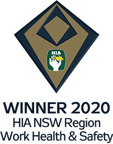 Diamond-shaped award logo with a green and yellow HIA emblem. Text below reads: WINNER 2020 HIA NSW Region Work Health & Safety.